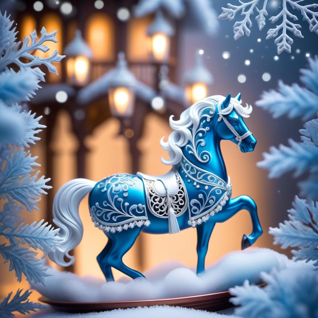  ethereal fantasy concept art of Digital image (double exposure). An attraction in a park. A carousel of ice ponies spinning to the rhythm of a blizzard. Manes of thin openwork snowflakes. Sparkling, sparkling blue neon. Shades of white to blue. (Christmas decor: candy, caramel, wreath, poisettia). Unusual designs, sparkling surfaces. Lots of snowflakes. White snow. Silver filigree, pattern. Stylisation, decorative. Background : surrealist abstraction. Stylistics : fantasy, fairy tale, Soviet animation. High quality. . magnificent, celestial, ethereal, painterly, epic, majestic, magical, fantasy art, cover art, dreamy, hkmagic hyperrealistic, full body, detailed clothing, highly detailed, cinematic lighting, stunningly beautiful, intricate, sharp focus, f/1. 8, 85mm, (centered image composition), (professionally color graded), ((bright soft diffused light)), volumetric fog, trending on instagram, trending on tumblr, HDR 4K, 8K