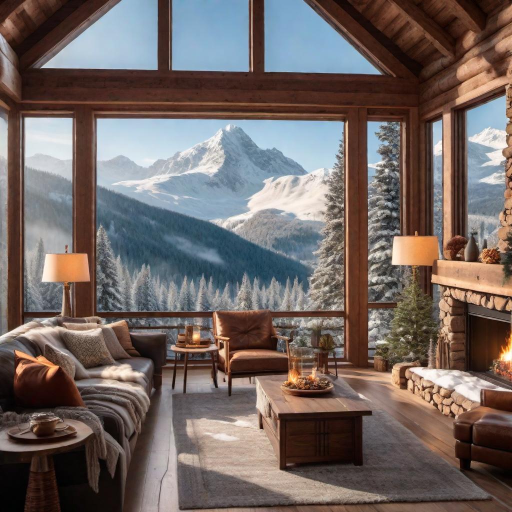  A cozy wooden cabin interior with a large window showing a snowy mountain landscape outside. Warm lighting inside with a fireplace, comfortable furniture, and rustic decorations. Snow-covered trees visible through the window. hyperrealistic, full body, detailed clothing, highly detailed, cinematic lighting, stunningly beautiful, intricate, sharp focus, f/1. 8, 85mm, (centered image composition), (professionally color graded), ((bright soft diffused light)), volumetric fog, trending on instagram, trending on tumblr, HDR 4K, 8K