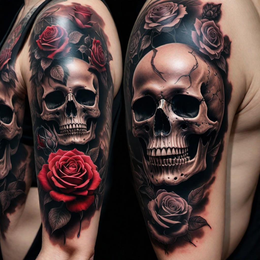  A tattoo of dead roses and a skull in a dark and gothic style. The roses should be wilted and the skull should have intricate details, creating a haunting and macabre image. hyperrealistic, full body, detailed clothing, highly detailed, cinematic lighting, stunningly beautiful, intricate, sharp focus, f/1. 8, 85mm, (centered image composition), (professionally color graded), ((bright soft diffused light)), volumetric fog, trending on instagram, trending on tumblr, HDR 4K, 8K