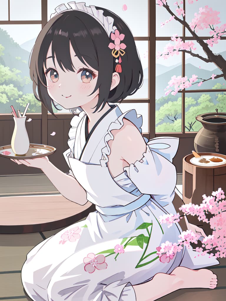  Japanese Painting Style, FRILL APRON, BARE SHOULDER, CARRY A TRAY, HAPPY SMILE, Japanese Cafe, Best Quality: 1.4, ULTRA DETALED EXTURE, Raw PhotOREALISTIC, Absurd Resolution, 8k Illustration, 💩:, 💩, 💩, 💩, 💩, 💩,, masterpiece, best quality,8k,ultra detailed,high resolution,an extremely delicate and beautiful,hyper detail