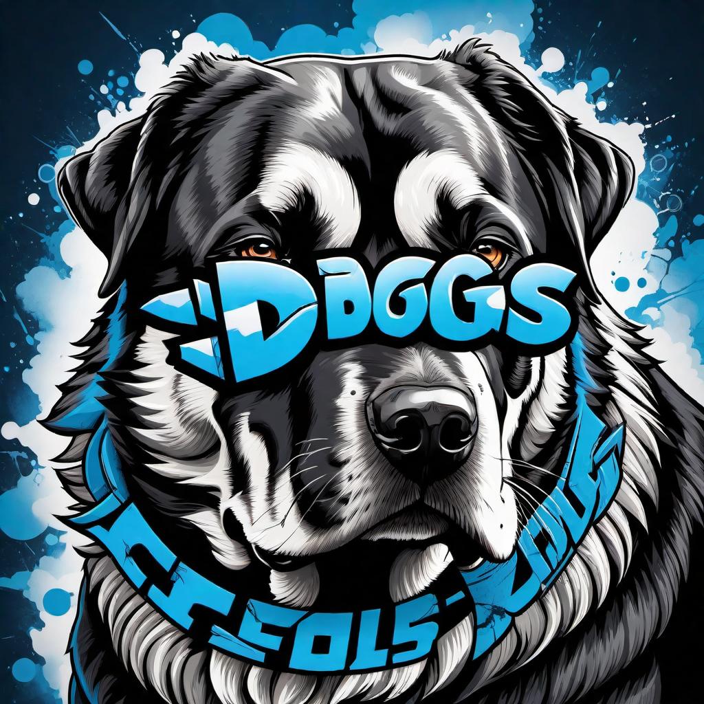  Logo design for 'Big Dogs.' Style: Graffiti-like, cool aesthetic. Combine bold, edgy fonts with street art elements. Dominant colors: Black, Blue, White. Highlight the text 'Big Dogs' prominently. Add subtle dog-related graphics or silhouettes to reinforce the theme. hyperrealistic, full body, detailed clothing, highly detailed, cinematic lighting, stunningly beautiful, intricate, sharp focus, f/1. 8, 85mm, (centered image composition), (professionally color graded), ((bright soft diffused light)), volumetric fog, trending on instagram, trending on tumblr, HDR 4K, 8K