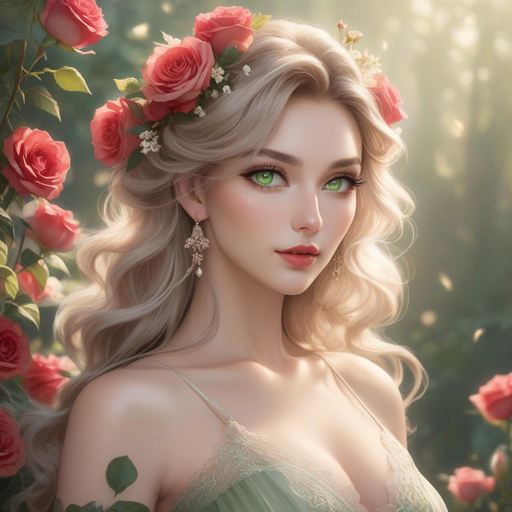  concept art A digital portrait of a woman with green eyes, wavy hair, and flowers adorning her hair and holding a bouquet of roses. Full body portrait of a young woman with a serene and gentle expression. She has soft facial features, large, almond shaped green eyes with dark lashes, and full, natural red lips. Her skin is fair with a warm undertone, and her face is framed by voluminous, wavy, ash blonde hair with lighter highlights, loosely styled, with a few delicate flowers on the right side above her ear. The subject is wearing a light, earth toned summer dress with delicate straps and a plunging neckline. The dress appears to be made of a flowing, sheer material with a subtle floral pattern, and features delicate lace detailing around  hyperrealistic, full body, detailed clothing, highly detailed, cinematic lighting, stunningly beautiful, intricate, sharp focus, f/1. 8, 85mm, (centered image composition), (professionally color graded), ((bright soft diffused light)), volumetric fog, trending on instagram, trending on tumblr, HDR 4K, 8K