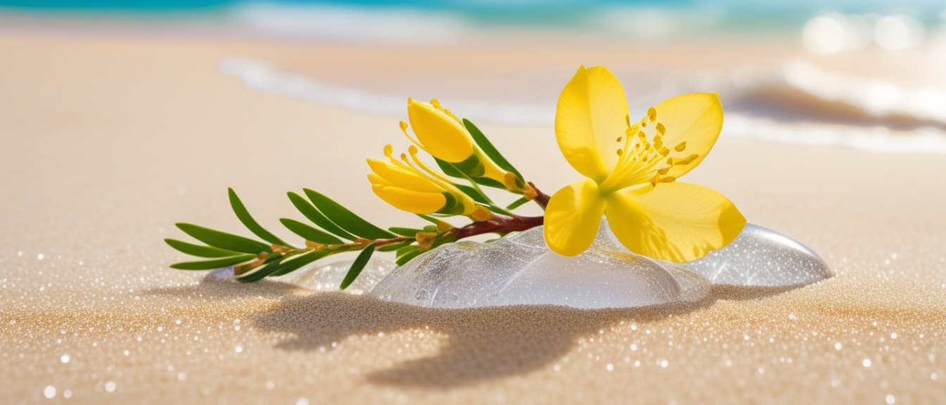  Macro Photography, Beach summer panoramic background with Acacia flower on the cristal sand and glory water, close up, macro 100mm, macro photography