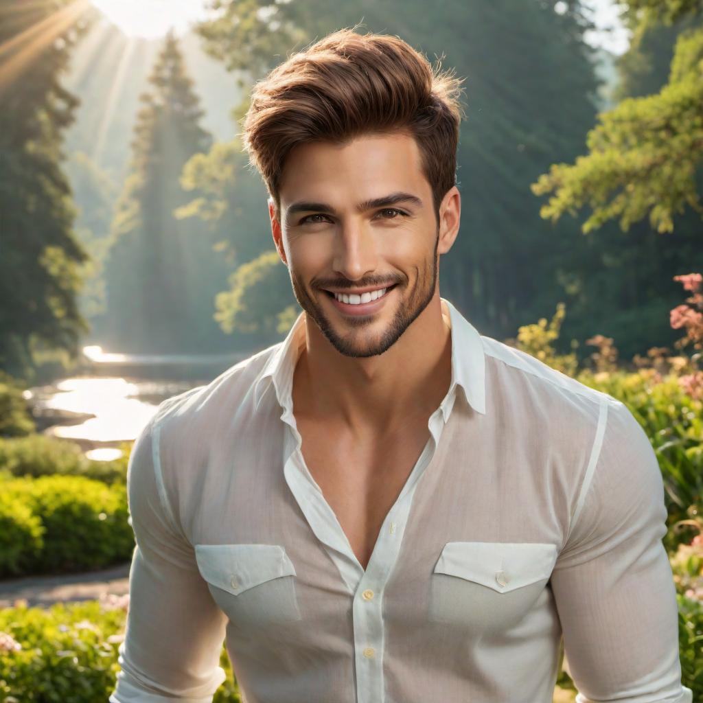  A male, youthful and vint, smiling confidently. Art style: Digital ilration, realistic. Scene: Outdoor, in a sunny park, surrounded by nature. Features: fashionable clothing, short brown hair, and wearing gles. Mood: Positive, uplifting. hyperrealistic, full body, detailed clothing, highly detailed, cinematic lighting, stunningly beautiful, intricate, sharp focus, f/1. 8, 85mm, (centered image composition), (professionally color graded), ((bright soft diffused light)), volumetric fog, trending on instagram, trending on tumblr, HDR 4K, 8K