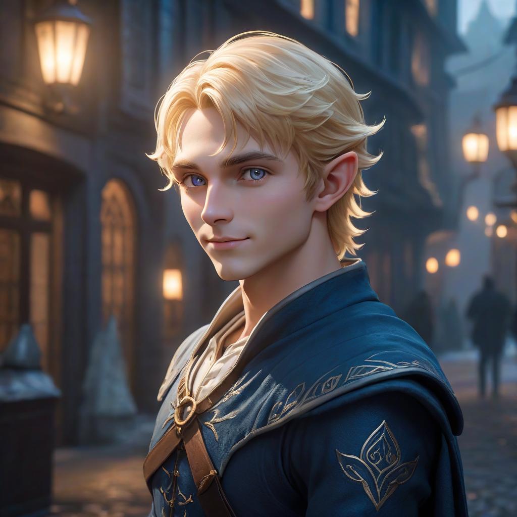  The guy is an elf with blond blond hair. The hair is short, slightly curly. The eyes are a bright deep dark blue color. The face is round. He's grinning. His eyes are slyly narrowed. hyperrealistic, full body, detailed clothing, highly detailed, cinematic lighting, stunningly beautiful, intricate, sharp focus, f/1. 8, 85mm, (centered image composition), (professionally color graded), ((bright soft diffused light)), volumetric fog, trending on instagram, trending on tumblr, HDR 4K, 8K