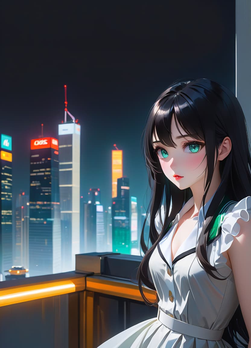  anime artwork beautiful , , white skinned, European, blue eyes, long brown straight hair, slender figure, small neat s, dressed in a black dress with a white collar and white cuffs, full length, against the backdrop of a modern city. Skyscrs of Moscow City (photorealism, oil painting: 1.3), (full length shot: 1.3), charming , long flowing black hair, (large sensual mouth: 1.2), plump lips, sparkling emerald eyes , narrow waist, (sensual drawing: 1.2), silvery glow, ethereal aura, detailed brushwork, intricate shadows and highlights, mysterious and captivating expression, unique color palette, masterful use of light and shadow, captivating atmosphere, pure emotion, intense gaze, dynamic composition. small hyperrealistic, full body, detailed clothing, highly detailed, cinematic lighting, stunningly beautiful, intricate, sharp focus, f/1. 8, 85mm, (centered image composition), (professionally color graded), ((bright soft diffused light)), volumetric fog, trending on instagram, trending on tumblr, HDR 4K, 8K