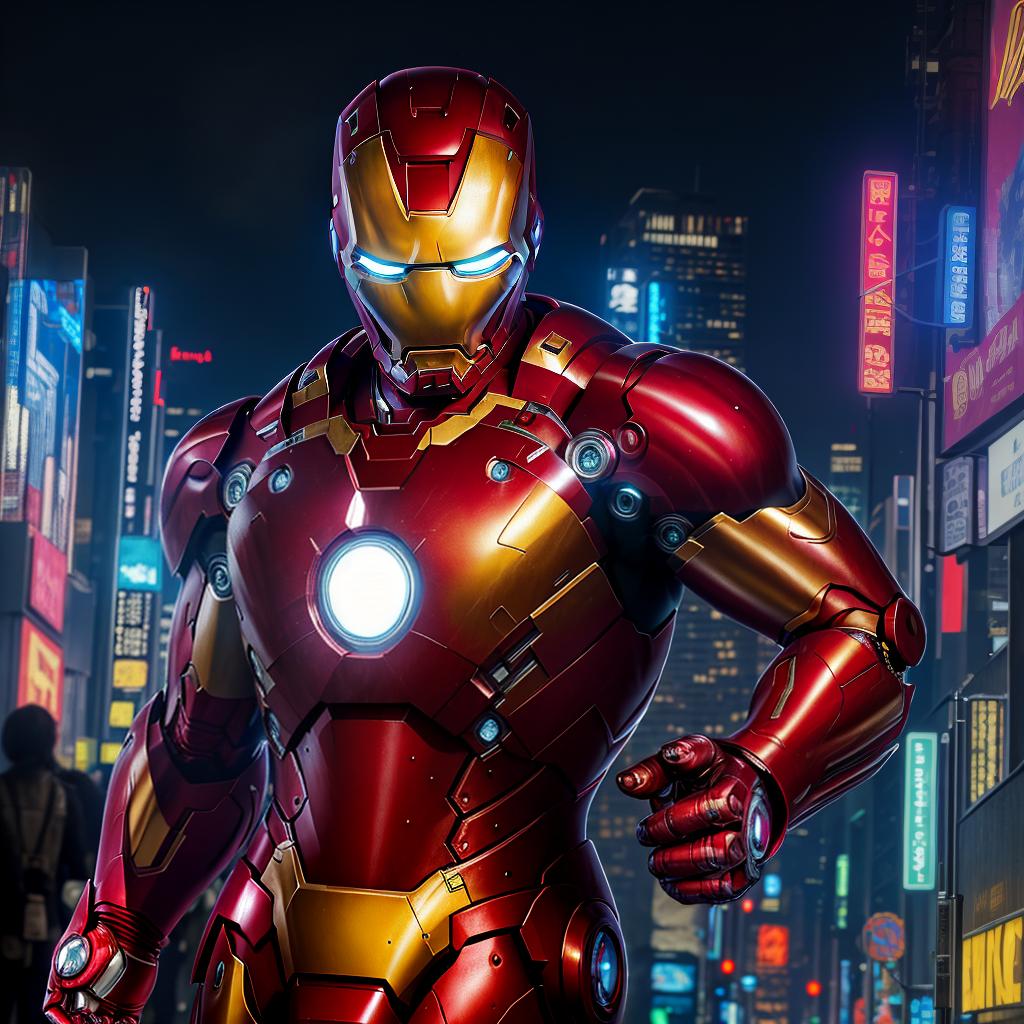  masterpiece, best quality, masterpiece, 8k resolution, realistic, highly detailed, Iron Man close-up. He stands on a street lined with tall buildings in a cyberpunk style city at night. The city's night lights are bright, and the surrounding buildings and streets are full of cyberpunk elements such as neon lights, high-tech equipment and futuristic architectural design.