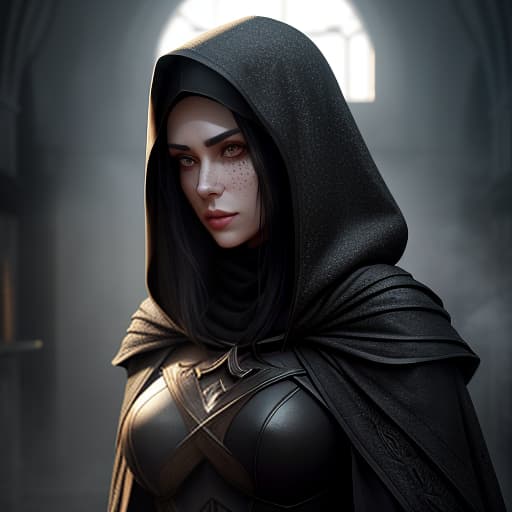  the thief girl from the DND; dark cloak; closed clothes; hood on her head; fair skin; large gray eyes; very, very many freckles; straight black hair; mask hides the lower part of the face; hyperrealistic, full body, detailed clothing, highly detailed, cinematic lighting, stunningly beautiful, intricate, sharp focus, f/1. 8, 85mm, (centered image composition), (professionally color graded), ((bright soft diffused light)), volumetric fog, trending on instagram, trending on tumblr, HDR 4K, 8K