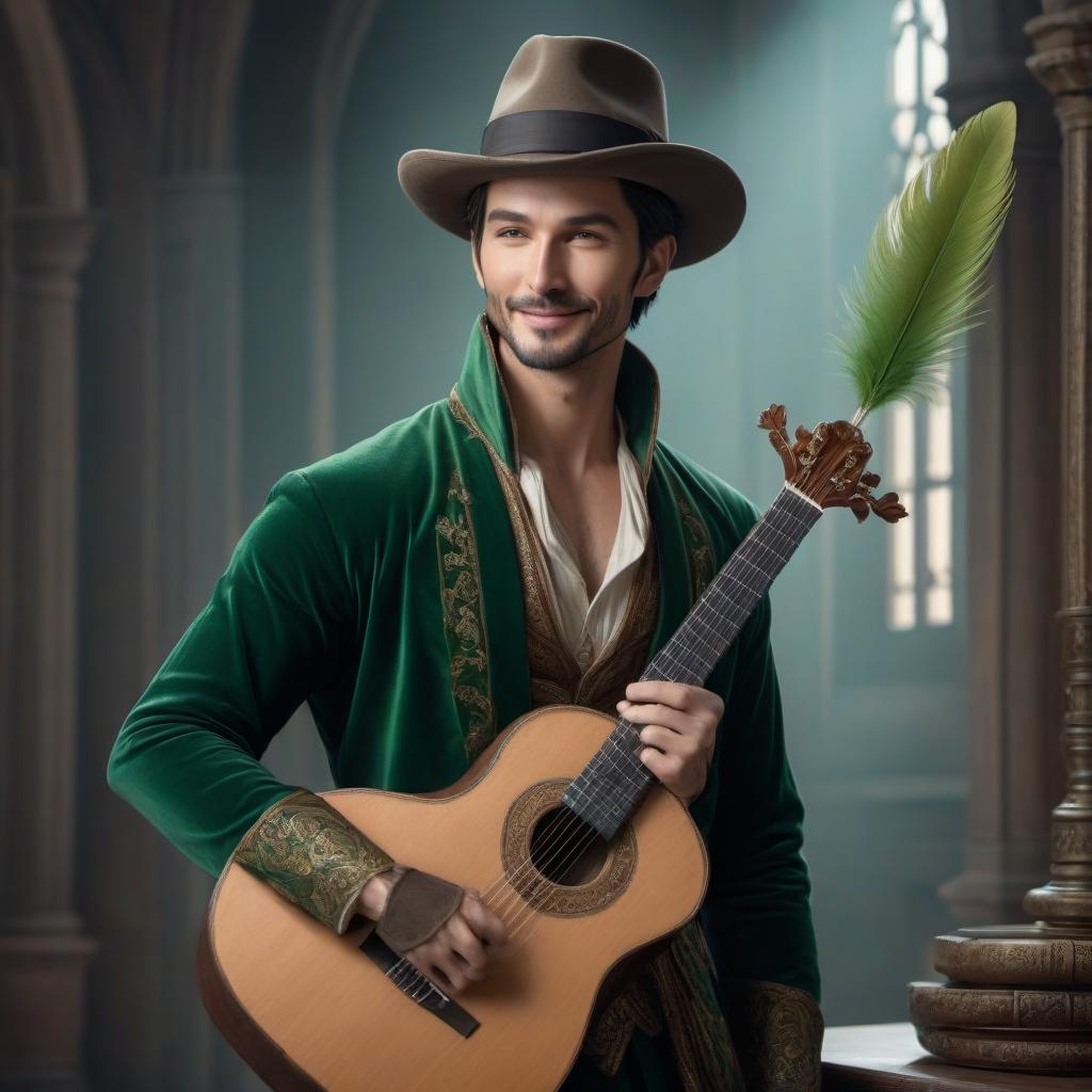  Bard, male, tall, dark short hair, rich clothes, hat with a green feather, lute, smile hyperrealistic, full body, detailed clothing, highly detailed, cinematic lighting, stunningly beautiful, intricate, sharp focus, f/1. 8, 85mm, (centered image composition), (professionally color graded), ((bright soft diffused light)), volumetric fog, trending on instagram, trending on tumblr, HDR 4K, 8K