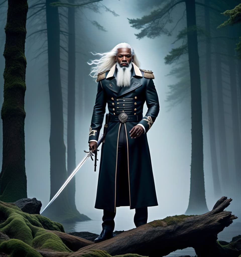  lovecraftian horror A Black man, a soldier, in a coat, two swords on a hip, a light beard, long white hair, standing upright, muscular physique, height of 2 meters. . eldritch, cosmic horror, unknown, mysterious, surreal, highly detailed hyperrealistic, full body, detailed clothing, highly detailed, cinematic lighting, stunningly beautiful, intricate, sharp focus, f/1. 8, 85mm, (centered image composition), (professionally color graded), ((bright soft diffused light)), volumetric fog, trending on instagram, trending on tumblr, HDR 4K, 8K