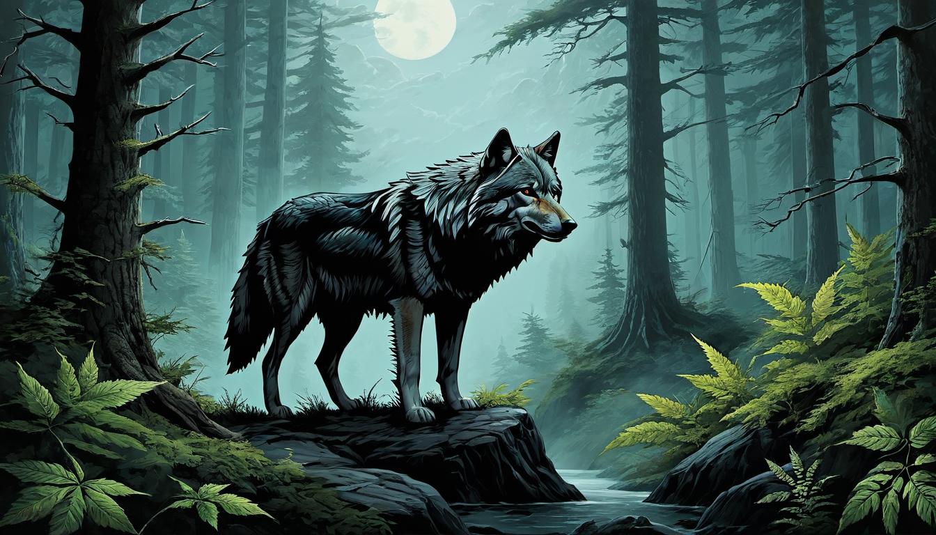  （surrealism)A wolf tracking through a dense forest, sharp eyes indicating focus, vegetation richly detailed, sense of purpose, connection mystic, intricate details, best quality)