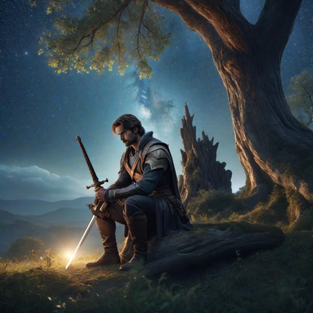  (masterpiece, photorealistic:1.2) A man sits by a tree with a sword. Behind him, there's a starry sky. hyperrealistic, full body, detailed clothing, highly detailed, cinematic lighting, stunningly beautiful, intricate, sharp focus, f/1. 8, 85mm, (centered image composition), (professionally color graded), ((bright soft diffused light)), volumetric fog, trending on instagram, trending on tumblr, HDR 4K, 8K