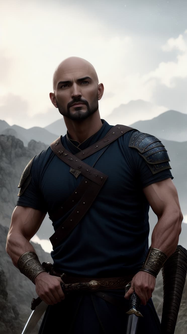  beautiful and tall warrior with bald head as night strong and delicate young face brown eyes wore a dark blue tunic and pants and a long sword starry sky, realistic, hyper realistic, ultra HD, studio light, silk, octane rendering, ultra detailed, 8k, cinematic, sharp focus hyperrealistic, full body, detailed clothing, highly detailed, cinematic lighting, stunningly beautiful, intricate, sharp focus, f/1. 8, 85mm, (centered image composition), (professionally color graded), ((bright soft diffused light)), volumetric fog, trending on instagram, trending on tumblr, HDR 4K, 8K