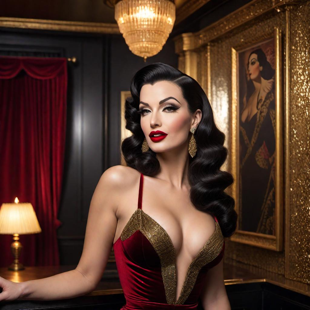  A stunning burlesque dancer in the style of Betty Paige and Norma Jean, with a snarl Mona Lisa smile on her face. She has wavy dark hair, red lipstick, and is dressed in a glamorous black and gold outfit. The background features a vintage keyhole, adding an air of mystery and allure. The scene is set in a 1950s vintage nightclub, with velvet curtains and dim, warm lighting. hyperrealistic, full body, detailed clothing, highly detailed, cinematic lighting, stunningly beautiful, intricate, sharp focus, f/1. 8, 85mm, (centered image composition), (professionally color graded), ((bright soft diffused light)), volumetric fog, trending on instagram, trending on tumblr, HDR 4K, 8K