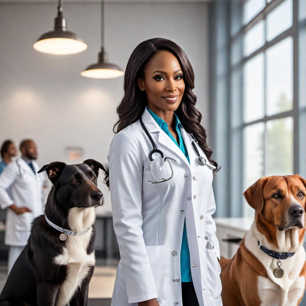  A black Christian woman veterinarian with a warm and caring expression, wearing a white lab coat, and stethoscope around her neck. She is standing in a veterinary clinic with some animal patients around, such as dogs and cats. There might be some elements reflecting her faith, like a small cross necklace or a subtle cross emblem on her coat. hyperrealistic, full body, detailed clothing, highly detailed, cinematic lighting, stunningly beautiful, intricate, sharp focus, f/1. 8, 85mm, (centered image composition), (professionally color graded), ((bright soft diffused light)), volumetric fog, trending on instagram, trending on tumblr, HDR 4K, 8K