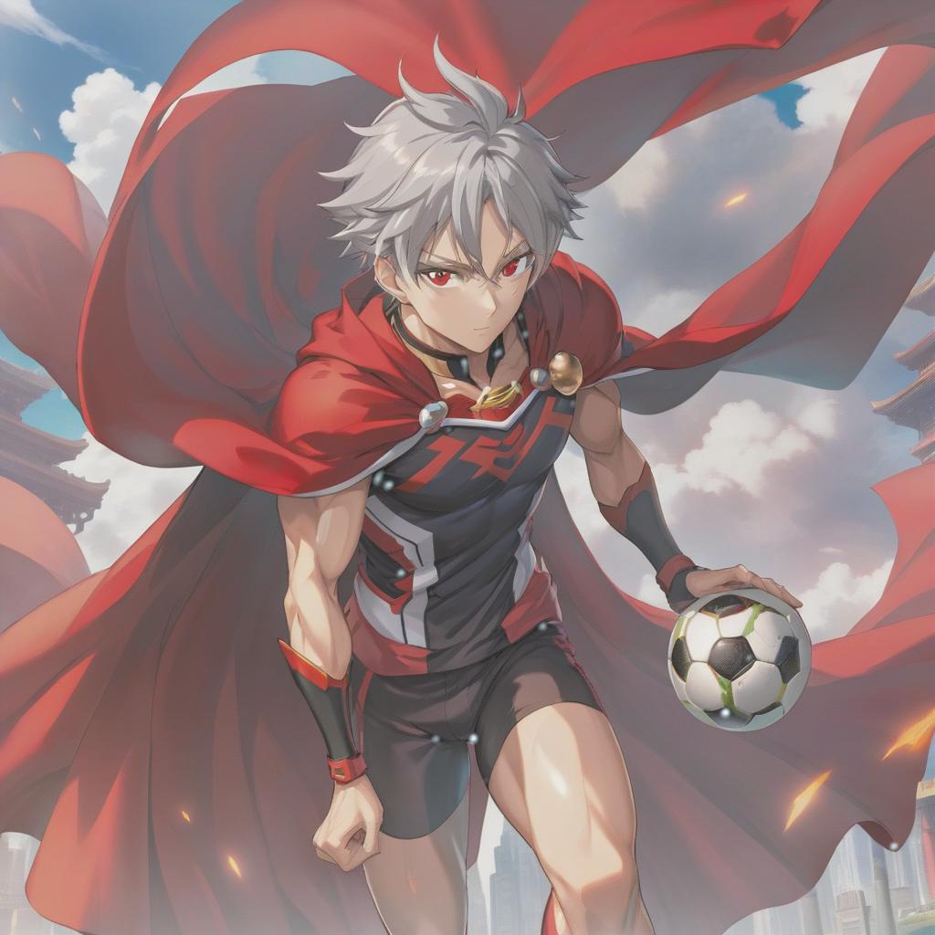  anime artwork A man with gray hair with red strands. High tail. A clinging football jersey with a high neckline, press, muscles. A cape. . anime style, key visual, vibrant, studio anime, highly detailed hyperrealistic, full body, detailed clothing, highly detailed, cinematic lighting, stunningly beautiful, intricate, sharp focus, f/1. 8, 85mm, (centered image composition), (professionally color graded), ((bright soft diffused light)), volumetric fog, trending on instagram, trending on tumblr, HDR 4K, 8K