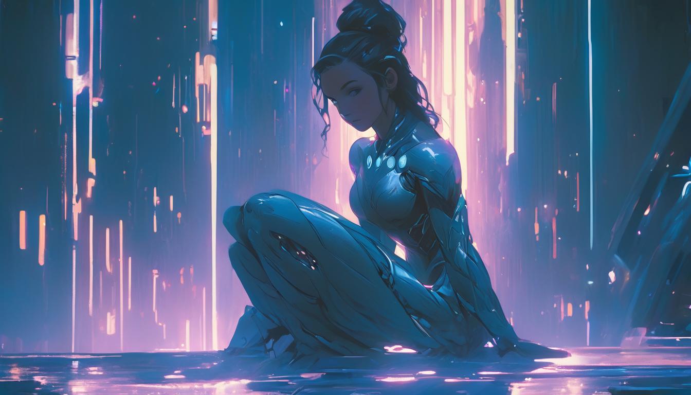  hyperrealism,fantasy aesthetic1woman, large busted attractive brunette arian female humanoid, meditative pose, sitting on a floating platform in an astral realm, subtle glowing light, dark enigmatic surroundings, serene expression, high tech clothing clad in sleek, futuristic costume with metallic accents and form fitting designs, marvel superhero comics style, unreal engine rendering