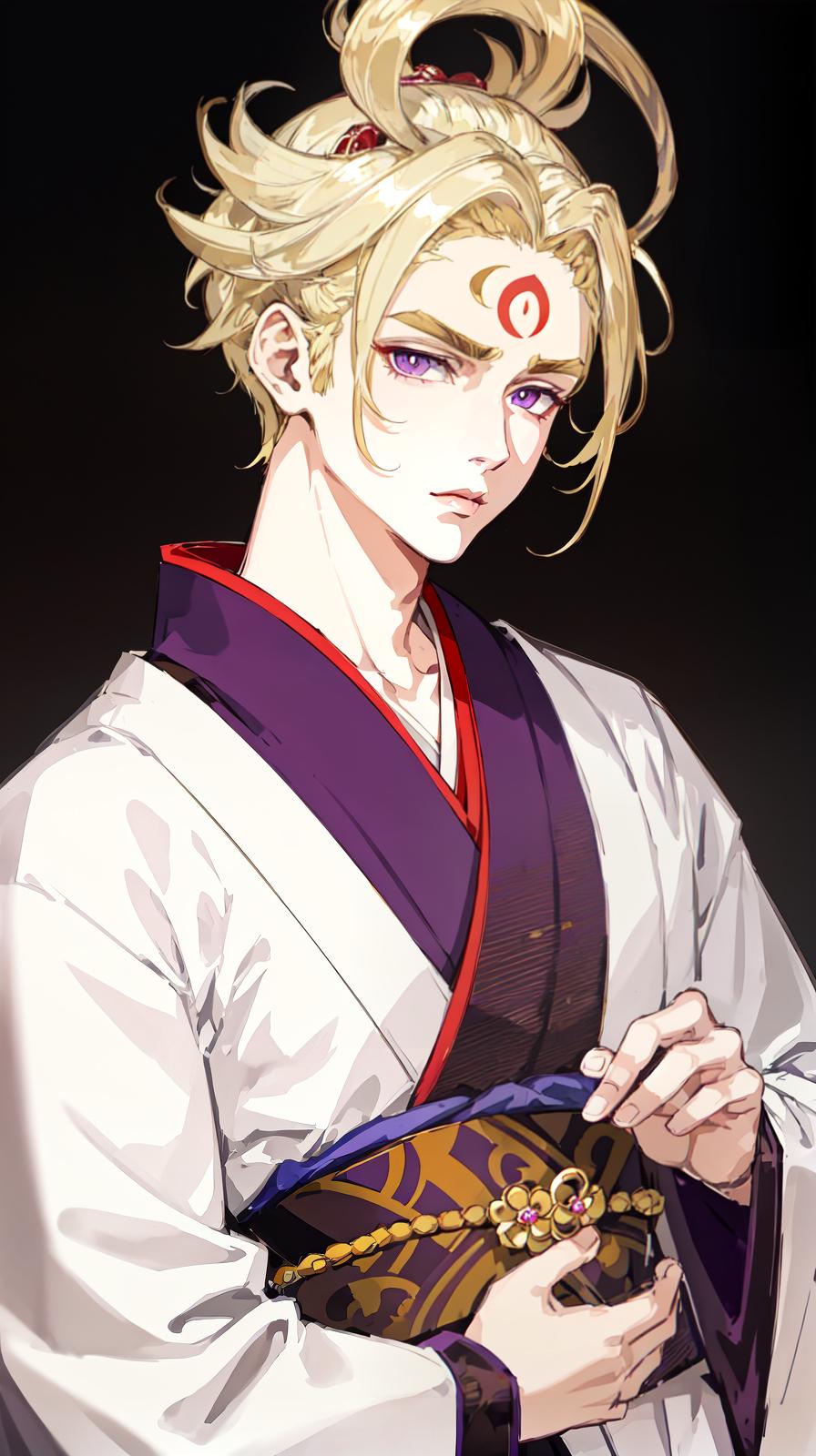  master piece , best quality,Short blonde hair with a long collar and long sideburns, upswept eyebrows, three white eyes with purple pupils and a red mark on the forehead, lips neither too thick nor too thin, slim build, beautiful young man in a kimono.