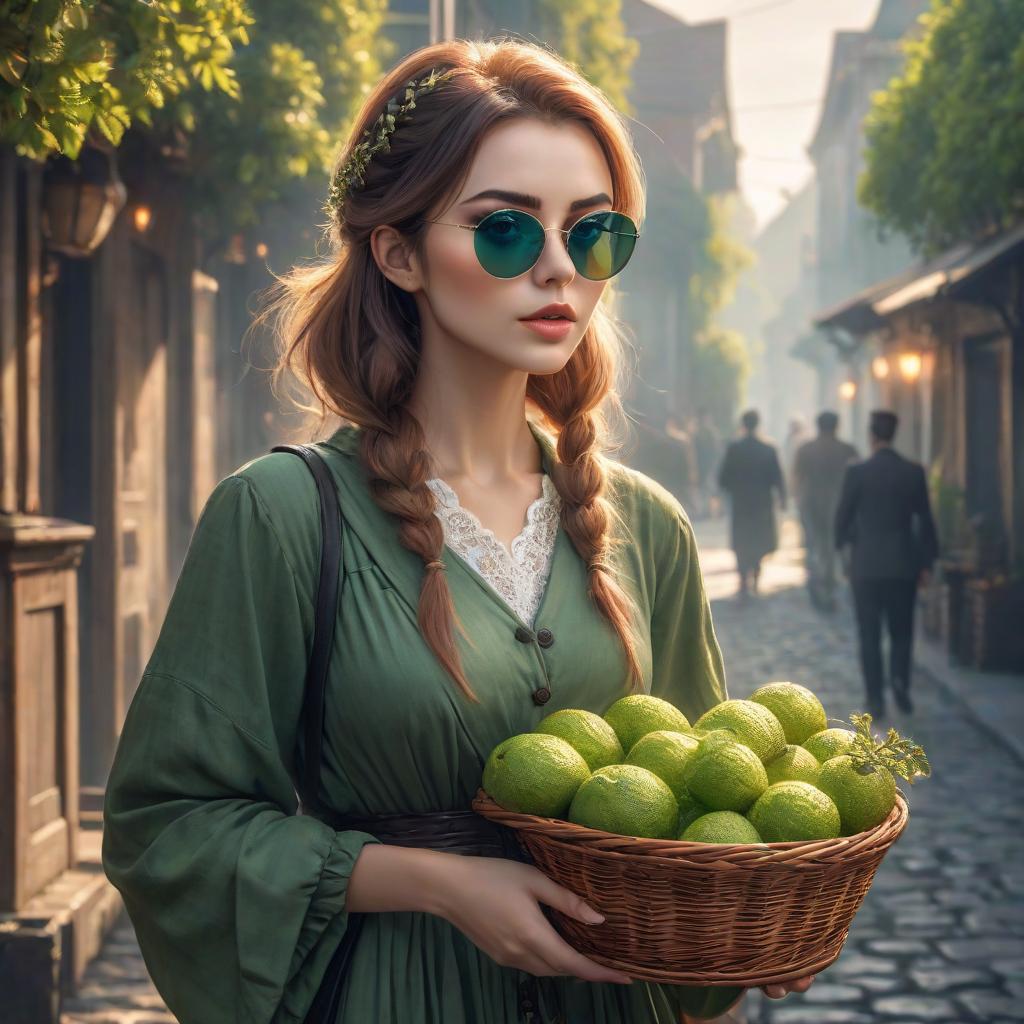  A girl with a basket, wearing sunglasses, has green eyes. hyperrealistic, full body, detailed clothing, highly detailed, cinematic lighting, stunningly beautiful, intricate, sharp focus, f/1. 8, 85mm, (centered image composition), (professionally color graded), ((bright soft diffused light)), volumetric fog, trending on instagram, trending on tumblr, HDR 4K, 8K