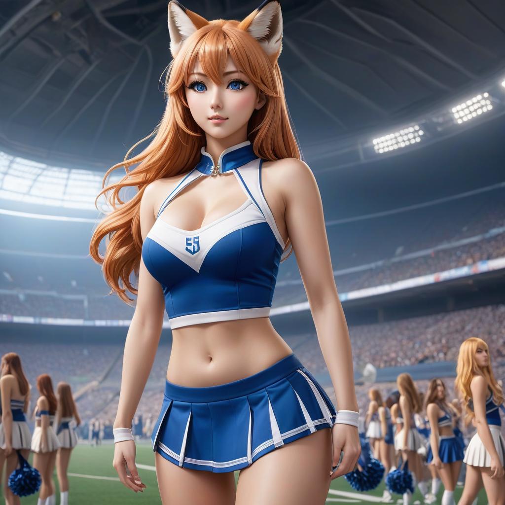  anime artwork . A , a fox, a half , a cheerleader, a skinny , a big , a plump , a narrow waist, a press, hair, blue eyes, a support group, a stadium, tall, the best quality, a bare , s, a, no top on clothing, s visible . anime style, key visual, vint, studio anime, highly detailed hyperrealistic, full body, detailed clothing, highly detailed, cinematic lighting, stunningly beautiful, intricate, sharp focus, f/1. 8, 85mm, (centered image composition), (professionally color graded), ((bright soft diffused light)), volumetric fog, trending on instagram, trending on tumblr, HDR 4K, 8K