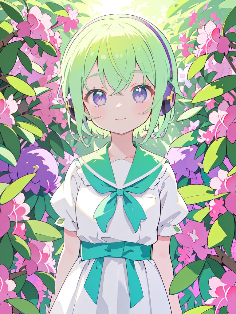  masterpiece,one woman,summer sailor suit,cute,delicate green hair color,glossy hair color,short hair,headphones,purple eye color,very smile,{{{satsuki azalea(Rhododendron indicum)}}},natural light,warm sunlight,high resolution,high quality,8K, masterpiece, best quality,8k,ultra detailed,high resolution,an extremely delicate and beautiful,hyper detail