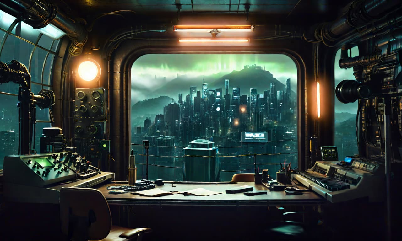  cyberpunk game style a dark cyber laboratory background, green world, realistic, mystical, galaxy, machine in her room that looks like a lab with amazing scenery, zoomed out, big green windows made of silver metal, i, dark atmosphere, clear composition, clear lines, fine detail, 4k, trending on artstation, volumetric lighting, background, 16k, high resolution, atmospheric haze, Film grain, cinematic film still, shallow depth of field, highly detailed, moody, epic, photorealistic, atmospheric lighting, volumetric lighting. The technique of painting is simple, cinematic. ethereal lights, mysterious and alluring atmosphere, trending on art galleries specializing in fantasy art. extremely detailed, fantasy art style, dark colours, symmetrical,  hyperrealistic, full body, detailed clothing, highly detailed, cinematic lighting, stunningly beautiful, intricate, sharp focus, f/1. 8, 85mm, (centered image composition), (professionally color graded), ((bright soft diffused light)), volumetric fog, trending on instagram, trending on tumblr, HDR 4K, 8K