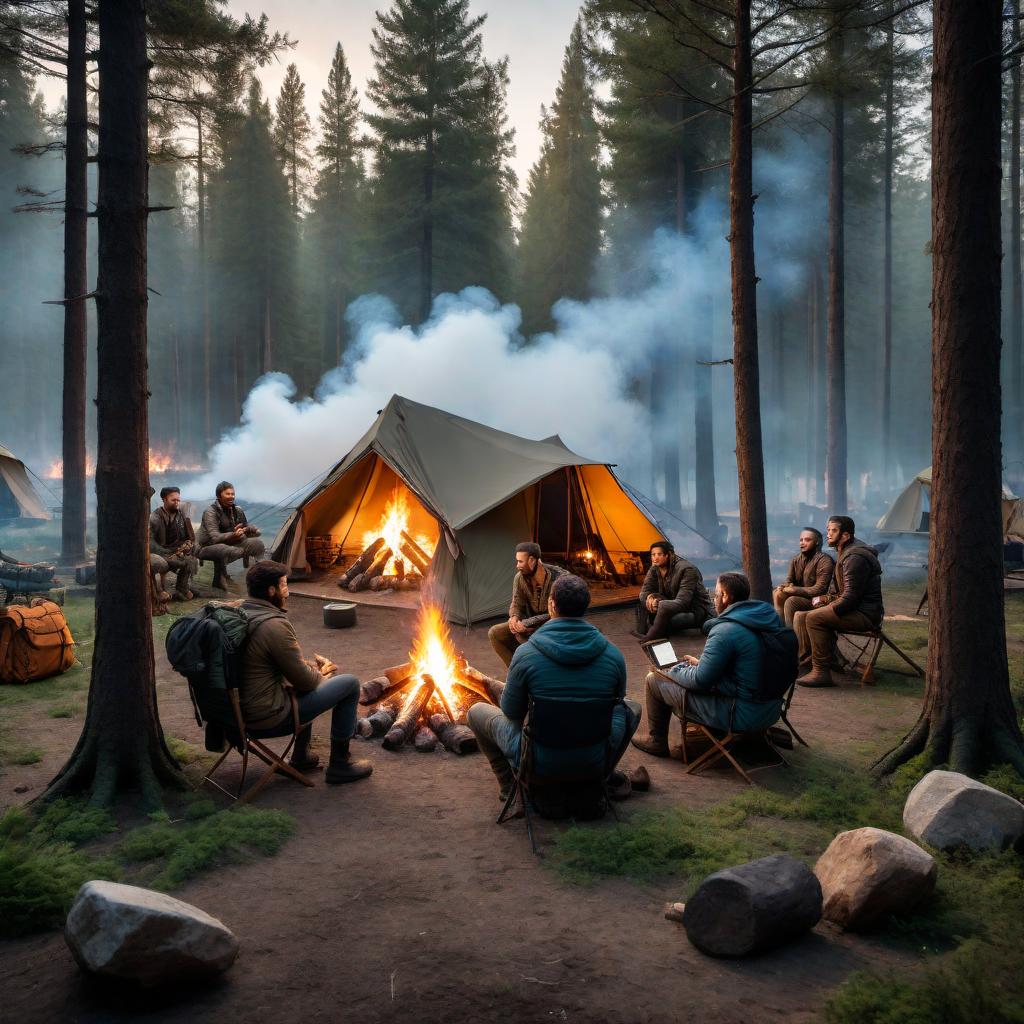  A campfire scene in a natural setting, surrounded by trees. Instead of typical camping gear, there is high-tech equipment such as laptops, tablets, and drones sitting around the fire. There are also LED lights and solar panels integrated into the camp setup. People are sitting around the fire, engaging with the technology and each other in a warm, social atmosphere. hyperrealistic, full body, detailed clothing, highly detailed, cinematic lighting, stunningly beautiful, intricate, sharp focus, f/1. 8, 85mm, (centered image composition), (professionally color graded), ((bright soft diffused light)), volumetric fog, trending on instagram, trending on tumblr, HDR 4K, 8K