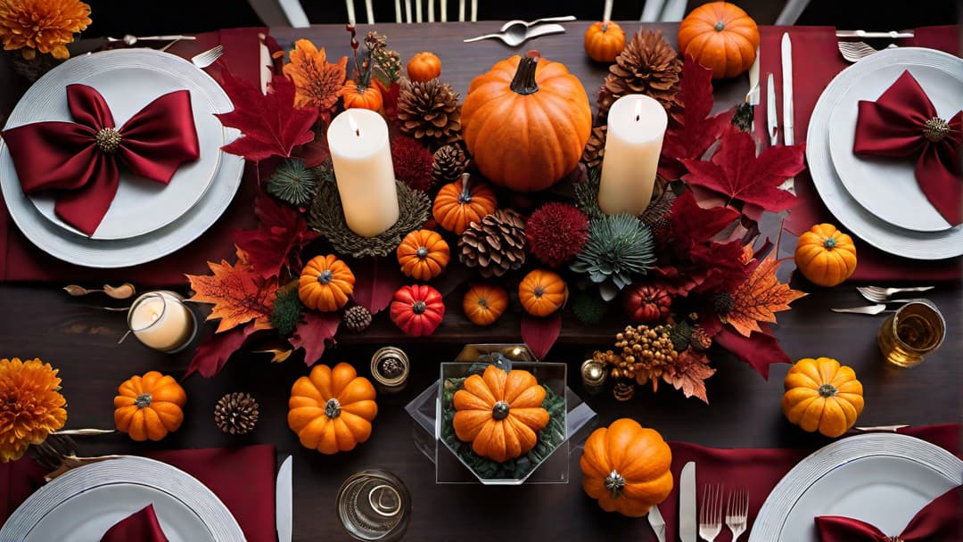  Create an image of a beautiful wedding table centerpiece suitable for an autumn wedding. The centerpiece should incorporate a <strong>wood slice</strong> base with elegant wedding elements like autumn leaves, small pumpkins, and candles in warm hues. The overall ambiance should evoke a warm and cozy atmosphere, perfect for a romantic fall wedding setting. hyperrealistic, full body, detailed clothing, highly detailed, cinematic lighting, stunningly beautiful, intricate, sharp focus, f/1. 8, 85mm, (centered image composition), (professionally color graded), ((bright soft diffused light)), volumetric fog, trending on instagram, trending on tumblr, HDR 4K, 8K