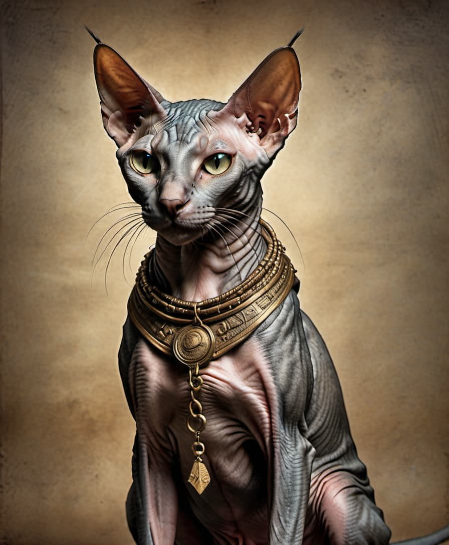  grunge style A wise, evil, and shaven Sphinx cat . textured, distressed, vintage, edgy, punk rock vibe, dirty, noisy, on parchment hyperrealistic, full body, detailed clothing, highly detailed, cinematic lighting, stunningly beautiful, intricate, sharp focus, f/1. 8, 85mm, (centered image composition), (professionally color graded), ((bright soft diffused light)), volumetric fog, trending on instagram, trending on tumblr, HDR 4K, 8K