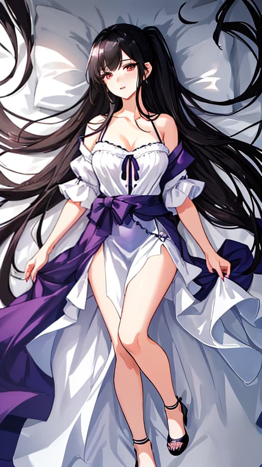  A young with youthful features, long black hair pulled back in two ponytails, and deep red eyes. She has a slender figure with natural proportions. She is wearing a light summer outfit: a dark purple knee length , loose fitting and slightly flared, made of light fabric with small lace at the edges. The is light purple in color, made of light and airy fabric, with a V neck and short sleeves with small ruffles. Makeup: light black eyeliner around the eyes, dark purple shadows and a light dark purple lip gloss. The lies on a white sheet, positioned horizontally, creating a feeling of coziness and comfort, with a gentle and caring expression on her face. Full length image. Top view, image for dakimakura, one character, lyi hyperrealistic, full body, detailed clothing, highly detailed, cinematic lighting, stunningly beautiful, intricate, sharp focus, f/1. 8, 85mm, (centered image composition), (professionally color graded), ((bright soft diffused light)), volumetric fog, trending on instagram, trending on tumblr, HDR 4K, 8K