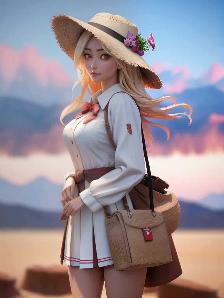  (score 9), score 8 up, highres, 1girl, anime, school uniform, straw hat, desert hyperrealistic, full body, detailed clothing, highly detailed, cinematic lighting, stunningly beautiful, intricate, sharp focus, f/1. 8, 85mm, (centered image composition), (professionally color graded), ((bright soft diffused light)), volumetric fog, trending on instagram, trending on tumblr, HDR 4K, 8K