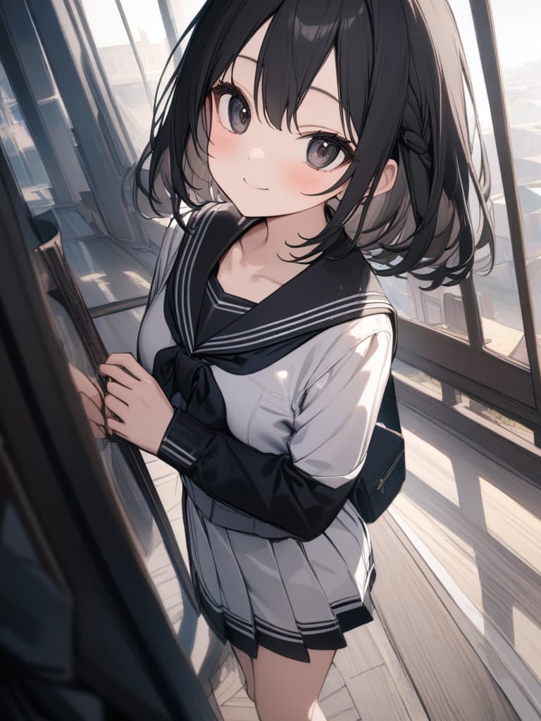  Cute, girl, big eyes, skirts, black clothes, black sailor clothes, shelled, black eyes, smiles, young face, black hair, two ties., masterpiece, best quality,8k,ultra detailed,high resolution,an extremely delicate and beautiful,hyper detail