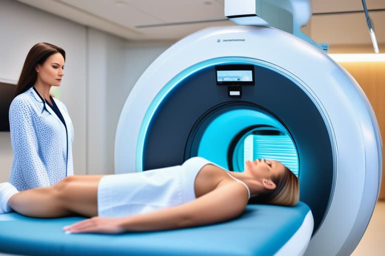  "Realistic close up of a middle aged woman (female) receiving a bone density scan in a modern, well lit medical clinic. The woman looks calm and reassured, lying on a comfortable examination table while a state of the art DXA (Dual energy X ray Absorptiometry) machine scans her hip. The background is a clean, minimalist medical room with soft, neutral colors to keep the focus on the patient and the equipment. The overall mood is professional and reassuring, emphasizing the safety and effectiveness of the osteoporosis treatment."Ensure no face,leg,hand or eye defomities.Ensure all images are clear, detailed, contains no text and no deformities. realistic, highly detailed, photorealistic, cinematic lighting, intricate, sharp focus, f/1.8, 85m hyperrealistic, full body, detailed clothing, highly detailed, cinematic lighting, stunningly beautiful, intricate, sharp focus, f/1. 8, 85mm, (centered image composition), (professionally color graded), ((bright soft diffused light)), volumetric fog, trending on instagram, trending on tumblr, HDR 4K, 8K