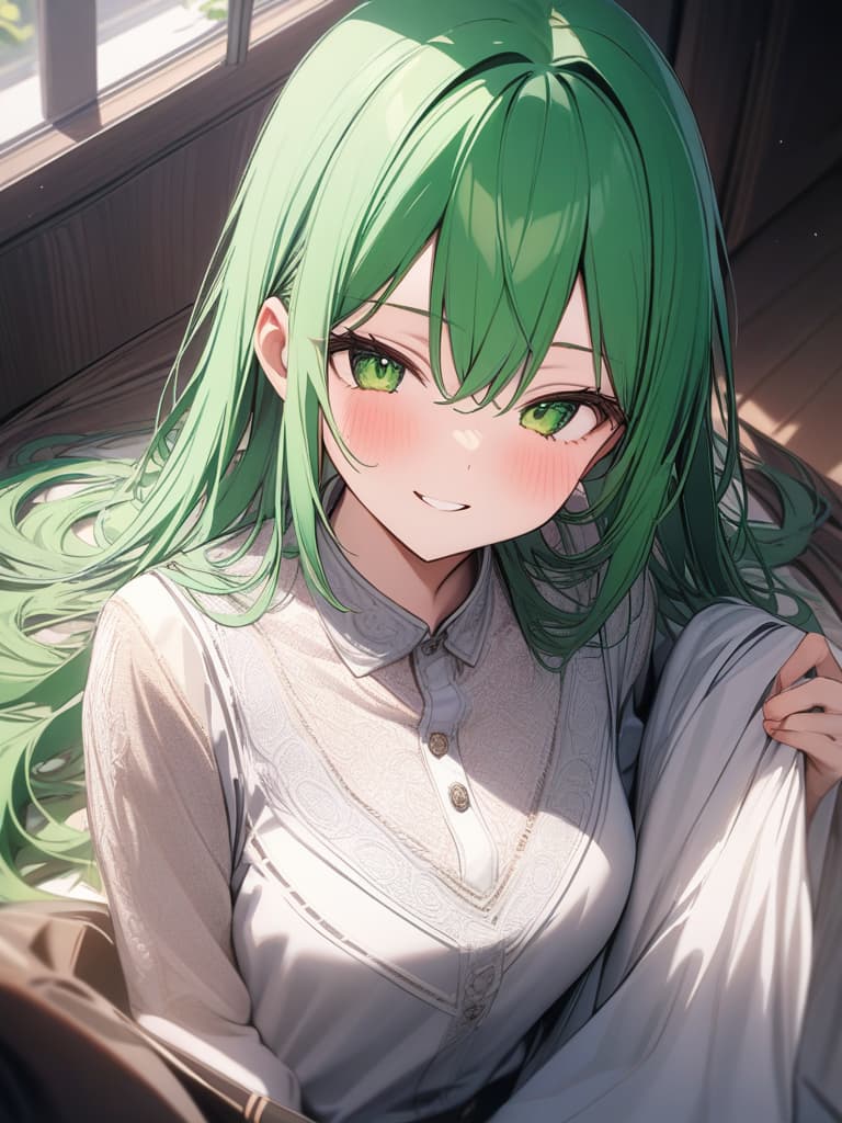  Three leaf clover, ☘️, green hair, ☺️, smile, masterpiece, best quality,8k,ultra detailed,high resolution,an extremely delicate and beautiful,hyper detail