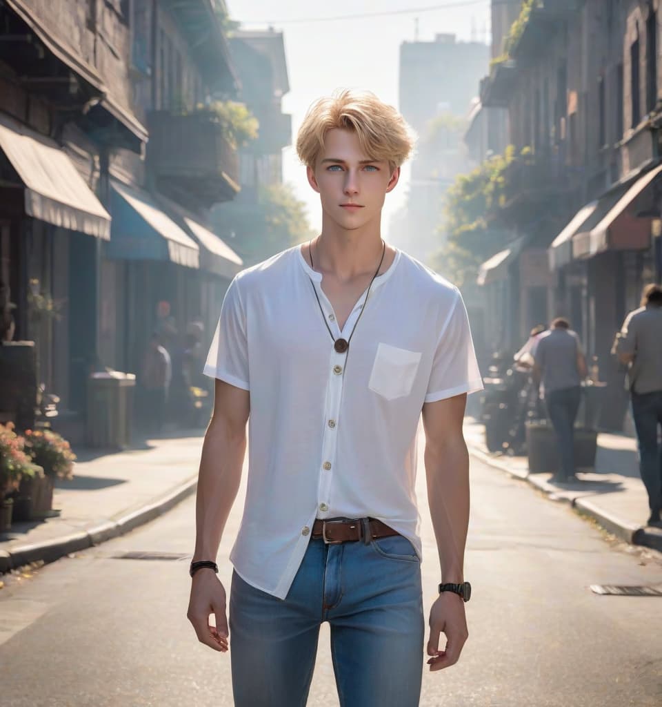  a young man with a young face, blond hair, blue gray eyes, average height, slightly disheveled hair, a slight grin, wearing a white shirt with a button undone at the top, blue jeans hyperrealistic, full body, detailed clothing, highly detailed, cinematic lighting, stunningly beautiful, intricate, sharp focus, f/1. 8, 85mm, (centered image composition), (professionally color graded), ((bright soft diffused light)), volumetric fog, trending on instagram, trending on tumblr, HDR 4K, 8K