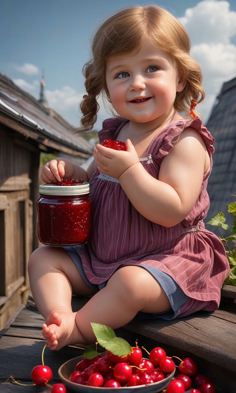  A cheerful Little chubby girl sits with her legs wrapped around a large jar of jam and eats cherry jam with her hand, lives on the roof, based on a story by Swedish writer Astrid Lindgren hyperrealistic, full body, detailed clothing, highly detailed, cinematic lighting, stunningly beautiful, intricate, sharp focus, f/1. 8, 85mm, (centered image composition), (professionally color graded), ((bright soft diffused light)), volumetric fog, trending on instagram, trending on tumblr, HDR 4K, 8K