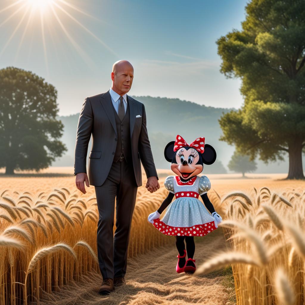  An image of Bruce Willis, Kevin Sorbo, and Minnie Mouse holding hands in a beautiful field of wheat. The scene is peaceful and harmonious, with a clear sky and the sun shining brightly overhead. hyperrealistic, full body, detailed clothing, highly detailed, cinematic lighting, stunningly beautiful, intricate, sharp focus, f/1. 8, 85mm, (centered image composition), (professionally color graded), ((bright soft diffused light)), volumetric fog, trending on instagram, trending on tumblr, HDR 4K, 8K