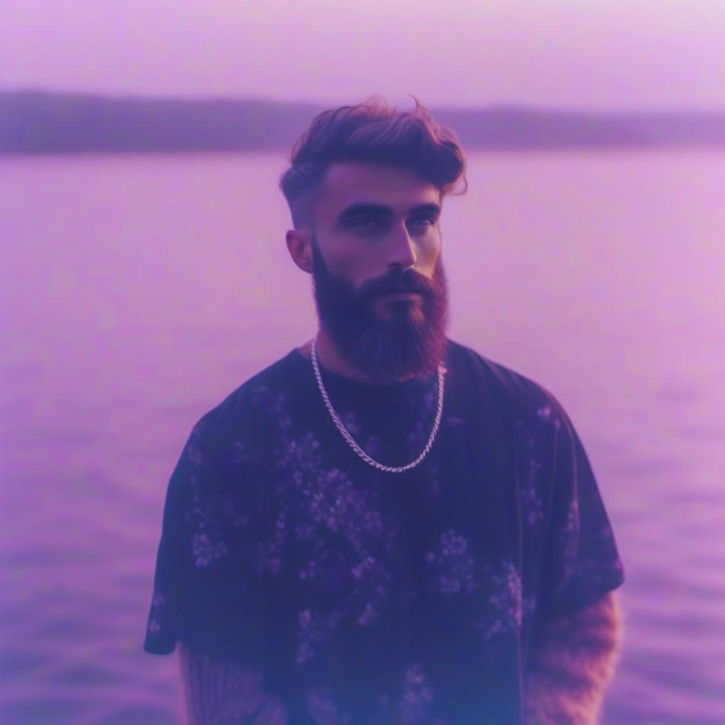  a man standing in front of a body of water, a polaroid photo, purple tint, fractal beard, casey cooke, anime style, comix wave films style, detailed face, detailed eyes, high quality hyperrealistic, full body, detailed clothing, highly detailed, cinematic lighting, stunningly beautiful, intricate, sharp focus, f/1. 8, 85mm, (centered image composition), (professionally color graded), ((bright soft diffused light)), volumetric fog, trending on instagram, trending on tumblr, HDR 4K, 8K