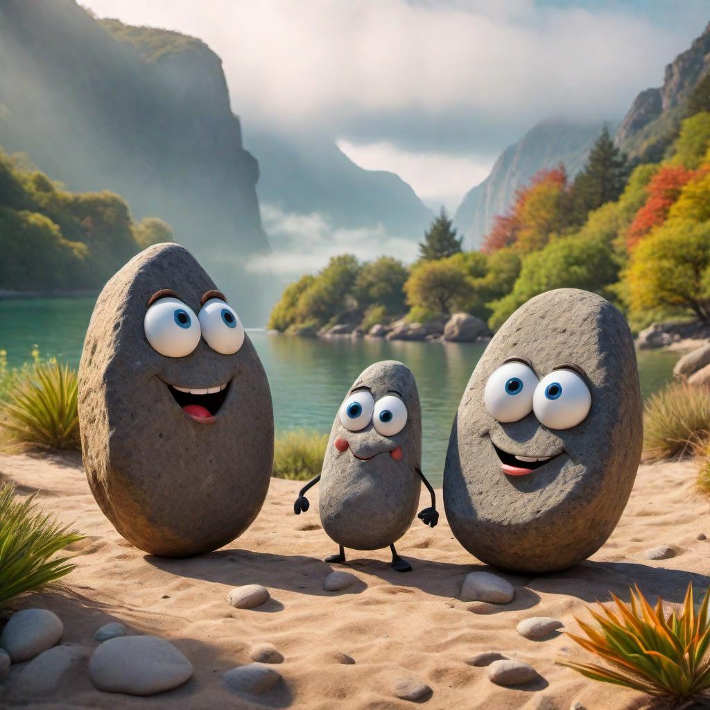  An epic image featuring two happy rocks in a relationship. The rocks should have cheerful expressions and be designed to look anthropomorphic with subtle features like eyes, mouths, and possibly arms. The scene should be light-hearted and humorous, perfect for a funny rock pun. The background can be a simple, colorful outdoor setting, like a park or a beach, to add to the cheerful mood. hyperrealistic, full body, detailed clothing, highly detailed, cinematic lighting, stunningly beautiful, intricate, sharp focus, f/1. 8, 85mm, (centered image composition), (professionally color graded), ((bright soft diffused light)), volumetric fog, trending on instagram, trending on tumblr, HDR 4K, 8K