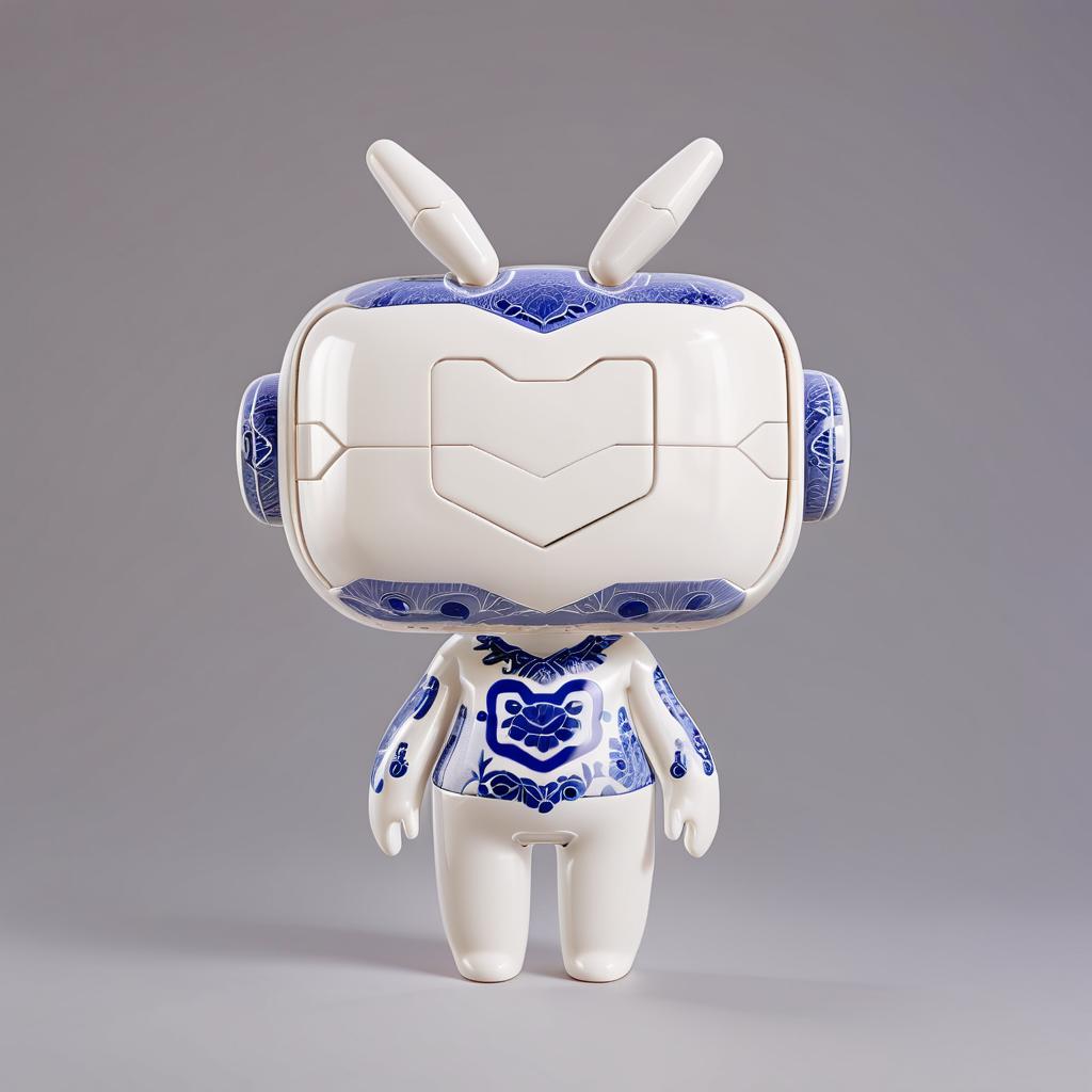  anxiaozhi, "An Xiao Zhi", cute white robot with mask fully enveloped in a continuous and dense blue and white porcelain floral design, with the elegant and intricate Chinese style motif covering every inch of its shell, , standing pose, front view,