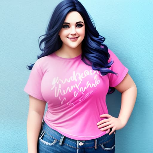  Generar una imagen de una mujer gordita hermosa sonriente cabello largo hasta los hombros vestida con una blusa fucsia y un jean azul parada en cerca a una pared blanca de Toma de cuerpo completo