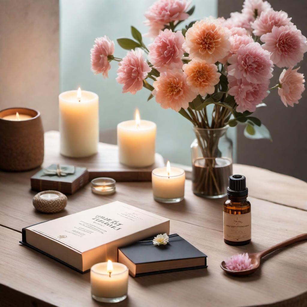  a Mindfulness and Relaxation Kit, featuring a beautifully arranged collection of items including a journal with a floral cover, essential oil diffuser with soft ambient light, a set of aromatic candles in pastel colors, guided meditation cards, and a small potted plant. The items are laid out on a rustic wooden table, with a backdrop of a cozy, calm room setting. The packaging is elegant with natural materials and soft colors, creating an inviting and soothing atmosphere. hyperrealistic, full body, detailed clothing, highly detailed, cinematic lighting, stunningly beautiful, intricate, sharp focus, f/1. 8, 85mm, (centered image composition), (professionally color graded), ((bright soft diffused light)), volumetric fog, trending on instagram, trending on tumblr, HDR 4K, 8K