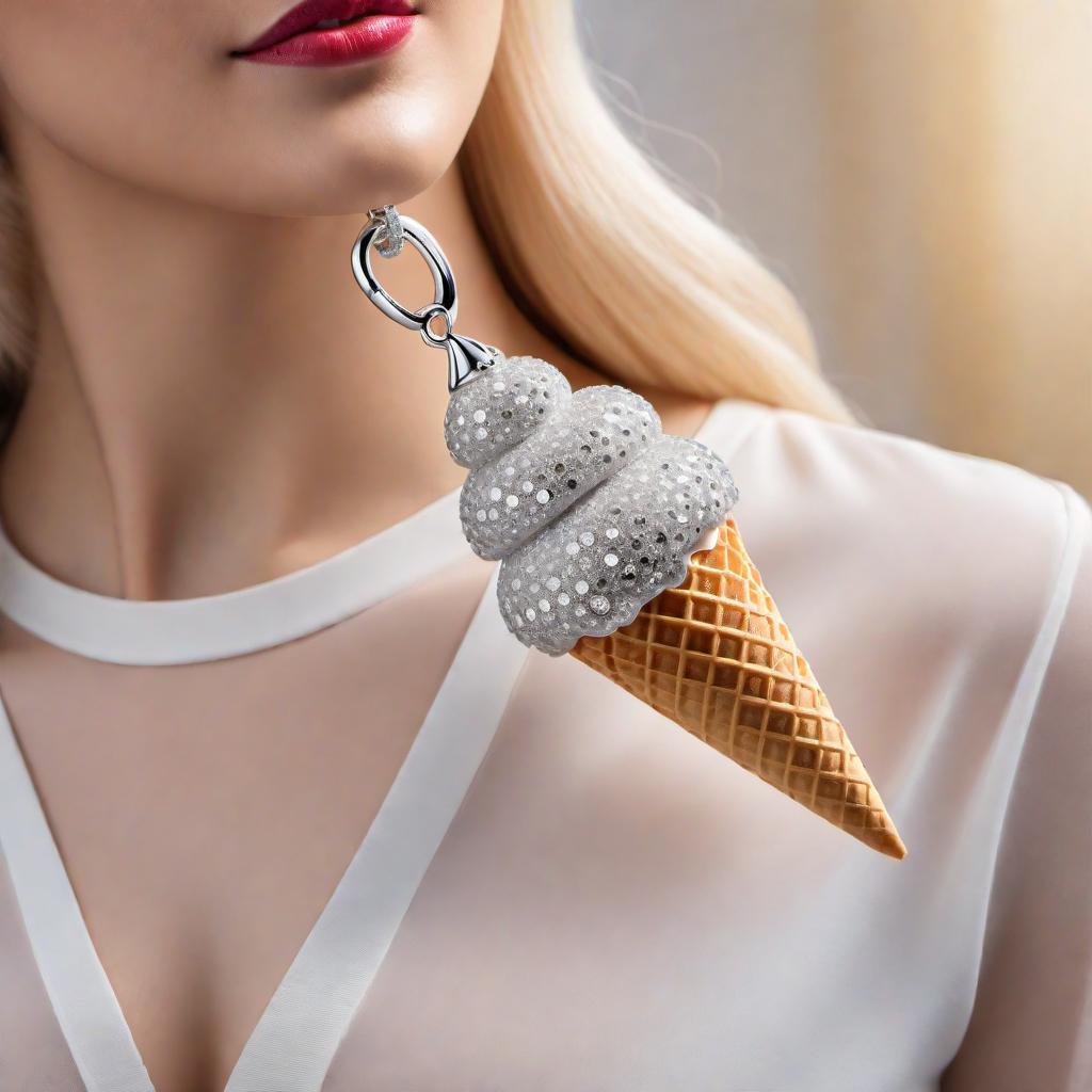  A diamond-encrusted ice cream cone pendant. The pendant should have an intricately designed cone studded with sparkling diamonds. The ice cream part should look like a swirl of ice cream also covered in diamonds, giving it a luxurious and elegant appearance. The entire pendant should have a shiny and polished finish, reflecting light brilliantly. hyperrealistic, full body, detailed clothing, highly detailed, cinematic lighting, stunningly beautiful, intricate, sharp focus, f/1. 8, 85mm, (centered image composition), (professionally color graded), ((bright soft diffused light)), volumetric fog, trending on instagram, trending on tumblr, HDR 4K, 8K