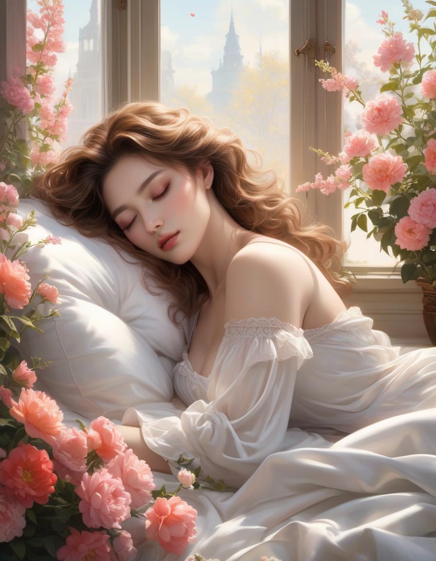  A woman is peacefully asleep amid white sheets and blooming flowers, with soft light streaming through a window. a woman laying on top of a bed next to a window, a photorealistic painting, inspired by Magali Villeneuve, trending on Artstation, fantasy art, girl in a bed of flowers, soft pale golden skin, portrait of a woman sleeping, in the early morning, jingna zhang hyperrealistic, full body, detailed clothing, highly detailed, cinematic lighting, stunningly beautiful, intricate, sharp focus, f/1. 8, 85mm, (centered image composition), (professionally color graded), ((bright soft diffused light)), volumetric fog, trending on instagram, trending on tumblr, HDR 4K, 8K