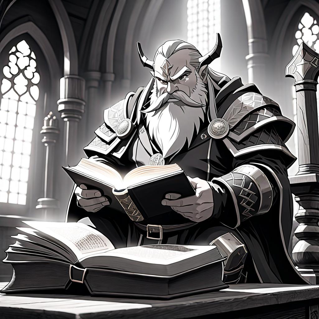  anime artwork Dwarf priest. In one hand he holds a book, in the other an axe. Anime sketch. Black and white. . anime style, key visual, vibrant, studio anime, highly detailed hyperrealistic, full body, detailed clothing, highly detailed, cinematic lighting, stunningly beautiful, intricate, sharp focus, f/1. 8, 85mm, (centered image composition), (professionally color graded), ((bright soft diffused light)), volumetric fog, trending on instagram, trending on tumblr, HDR 4K, 8K