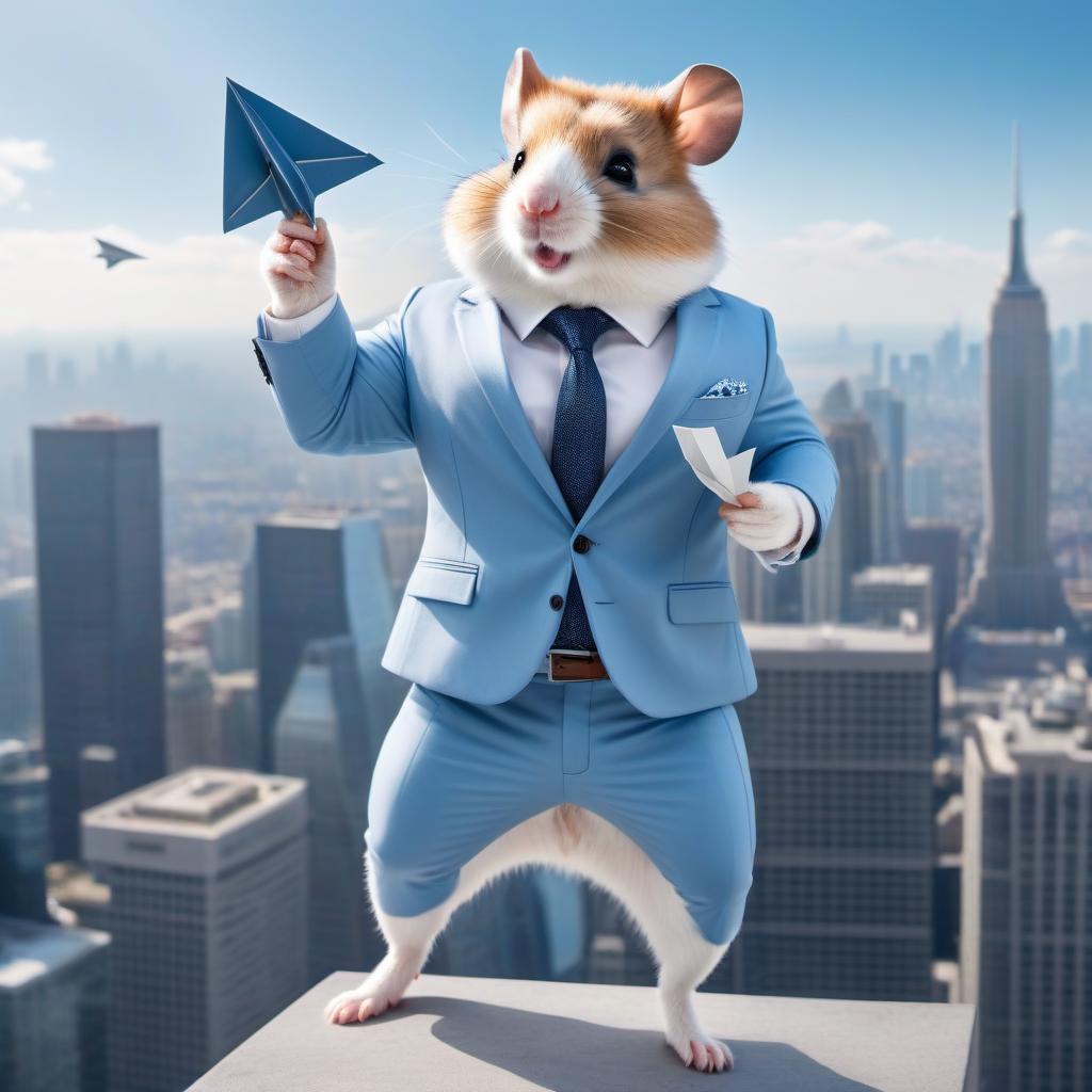  A muscular hamster in a light blue business suit and shoes launches a paper airplane from the roof of a skyscraper hyperrealistic, full body, detailed clothing, highly detailed, cinematic lighting, stunningly beautiful, intricate, sharp focus, f/1. 8, 85mm, (centered image composition), (professionally color graded), ((bright soft diffused light)), volumetric fog, trending on instagram, trending on tumblr, HDR 4K, 8K