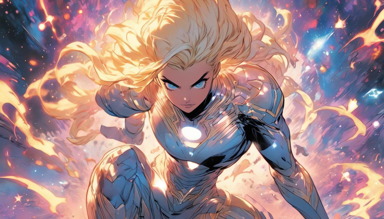  hyperrealism,fantasy aesthetic1woman, large busted attractive blonde arian female humanoid, eyes wide open, surrounded by swirling galaxy patterns, cosmic energy pulsating all around her, high tech clothing clad in sleek, futuristic costume with metallic accents and form fitting designs, marvel superhero comics style, unreal engine rendering