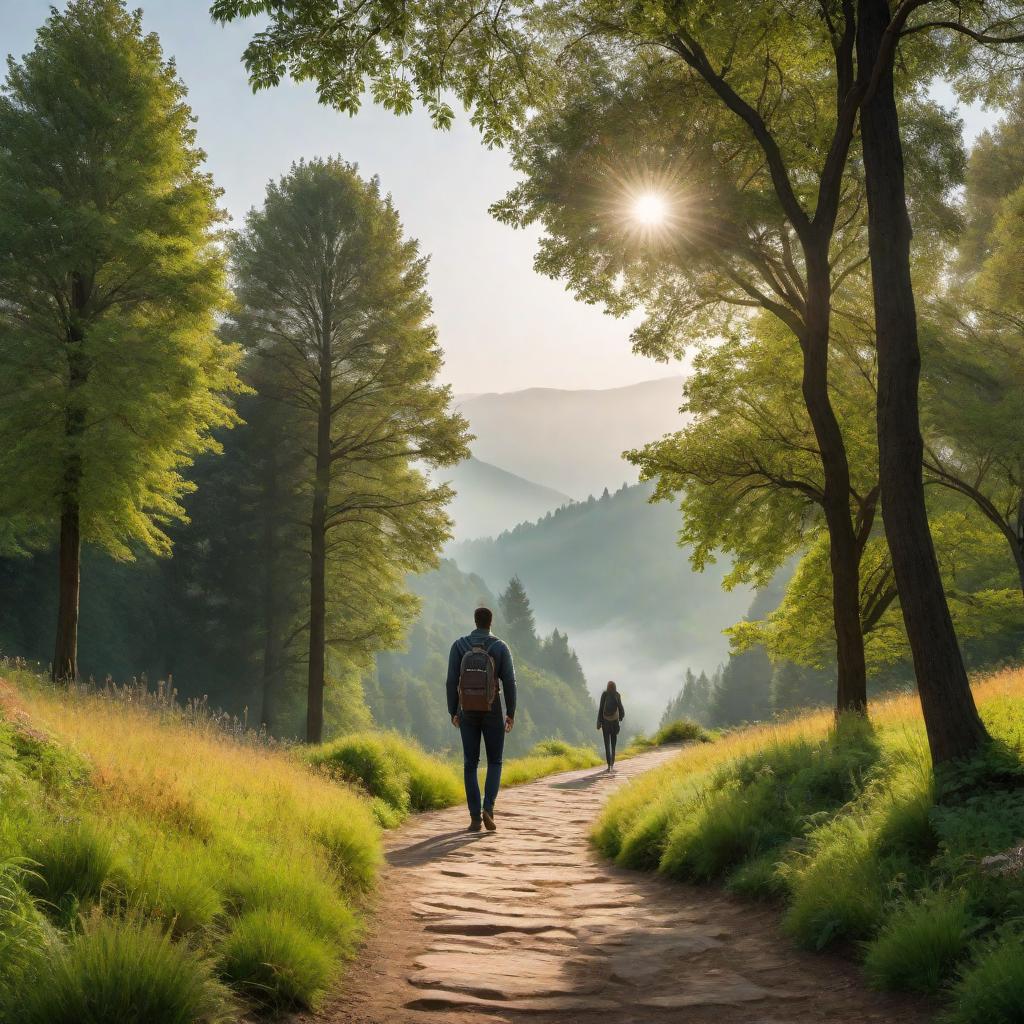  A person standing on a hillside, looking a bit confused and overwhelmed, with a supportive friend next to them, offering a helping hand and a calming presence. The landscape shows a park-like setting with trees and a path leading up the hill. The overall mood is one of empathy and support. hyperrealistic, full body, detailed clothing, highly detailed, cinematic lighting, stunningly beautiful, intricate, sharp focus, f/1. 8, 85mm, (centered image composition), (professionally color graded), ((bright soft diffused light)), volumetric fog, trending on instagram, trending on tumblr, HDR 4K, 8K