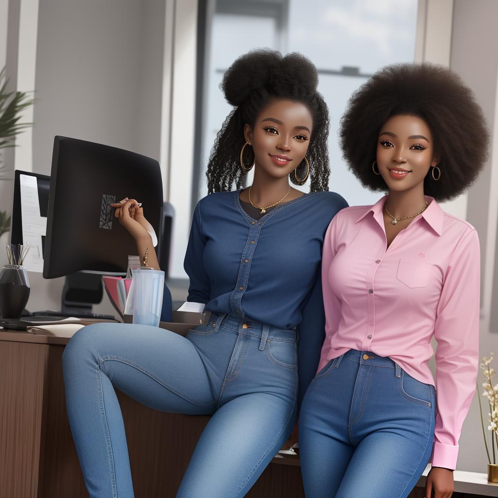  masterpiece, best quality, Generate a photorealistic picture of Kevwe, a beautiful Nigerian with dark afro hair, stands 5'8" tall in a well-decorated office. She's wearing a pink shirt and blue jeans, facing the camera with a radiant smile.