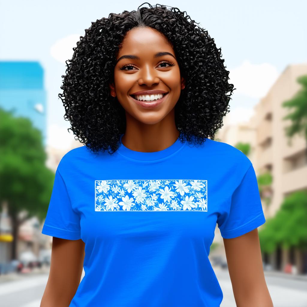  half body portrait black curly happy woman wearing blue t shirt with squared floral pattern on t shirt, Blurred city Background, hyperrealism, atmospheric